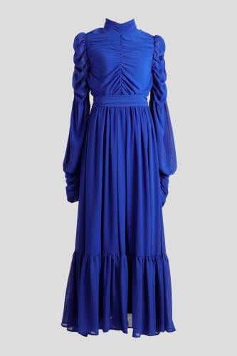 Blue solid draped dress المقاس:(M)