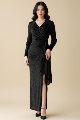 Draped velvet floral print dress المقاس:(M - 38)