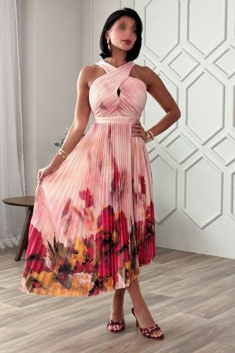 Fuchsia Floral Pleated Midi Dress المقاس:(M - 38)