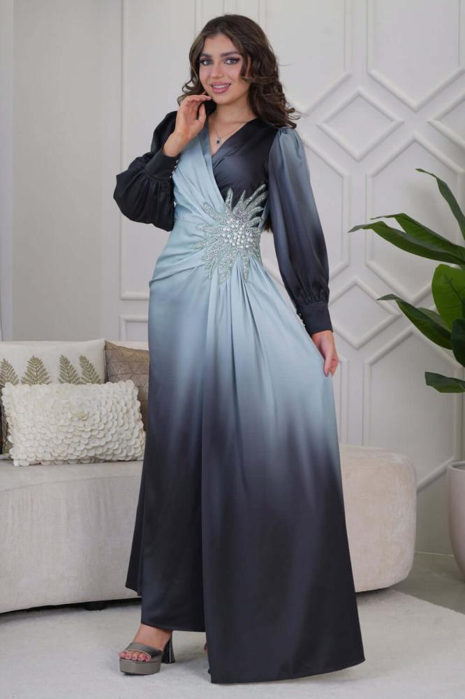 Empire maxi dress with pearl and beaded detail in blue المقاس:(L - 40)