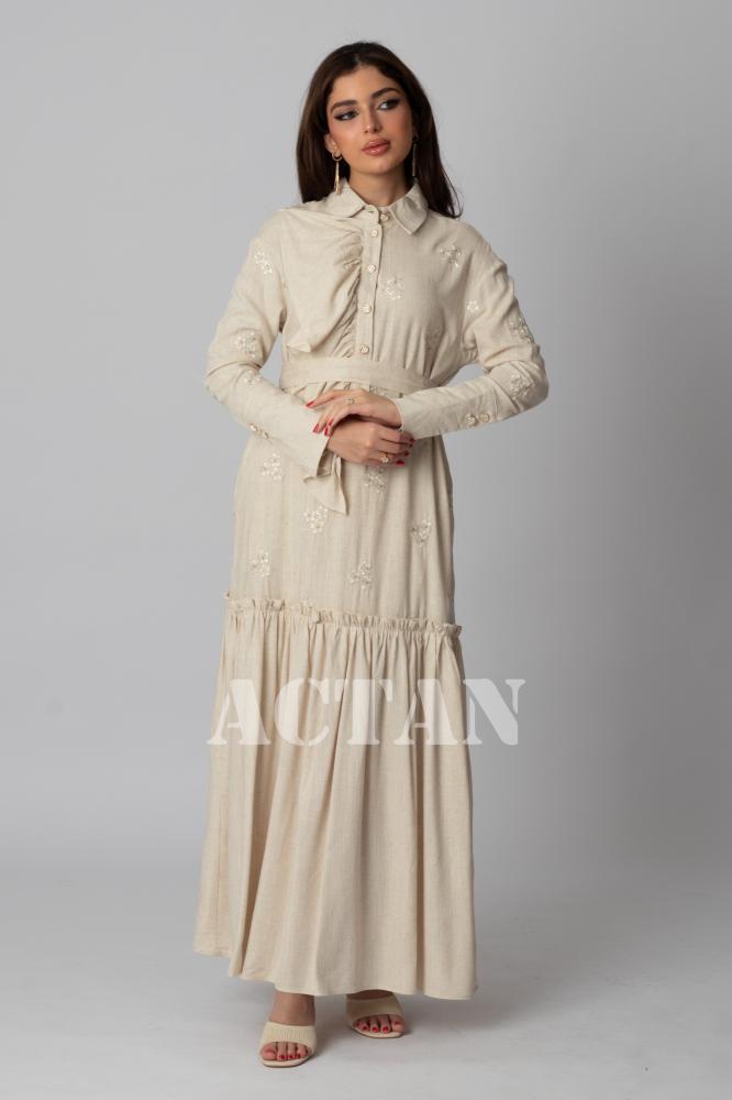 Beige linen maxi dress المقاس:(L - 40)