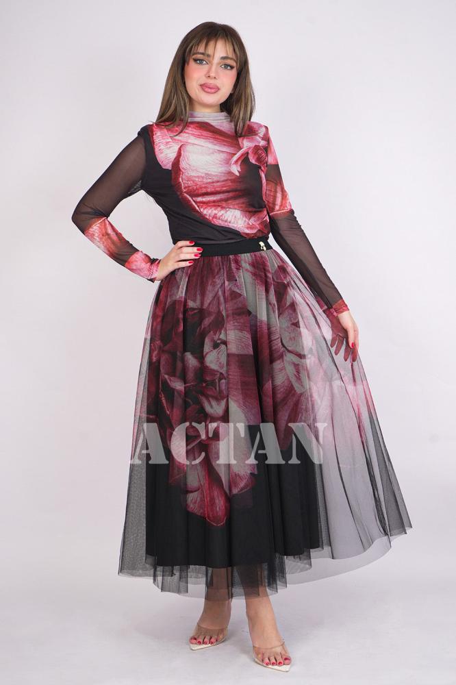 Red Floral Print Tulle Skirt and Blouse Set المقاس:(M - 38)