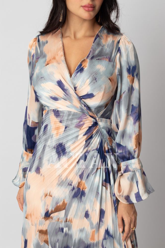 Colorful print pleated satin dress المقاس:(XL - 42)