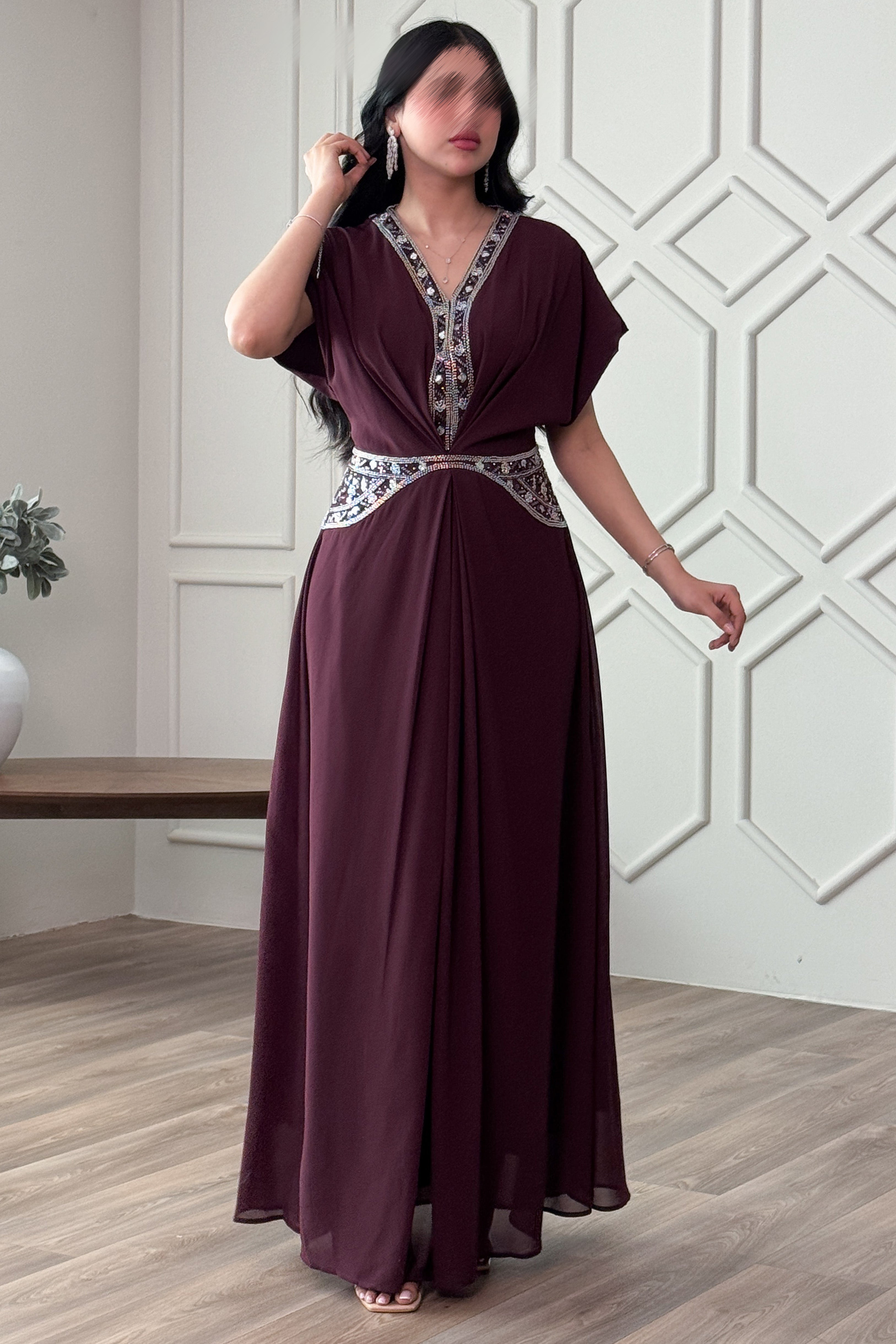 Burgundy chiffon jalabiya with sequins