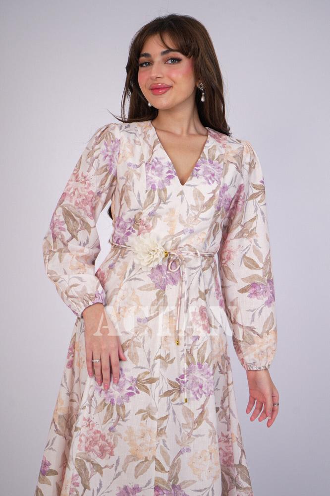 Beige floral midi dress المقاس:(S - 36)