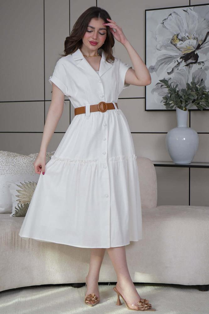White linen dress with a folded collar المقاس:(M - 38)