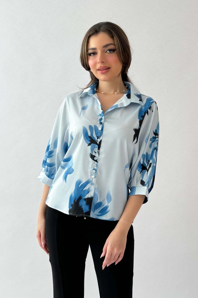 Blue 3/4 Sleeve Floral Print Satin Shirt المقاس:(L - 40)