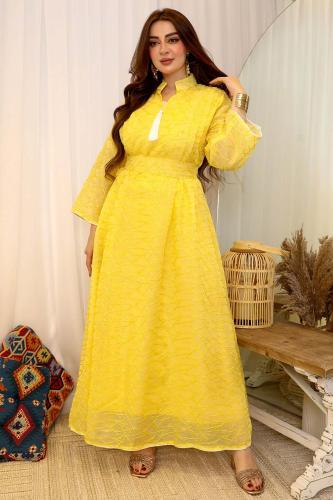 Yellow maxi long-sleeved jalabiya with belt المقاس:(S)