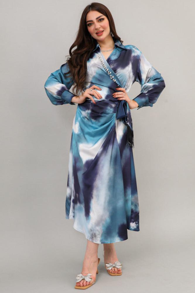 Midi dress with a tie at the waist, embellished with fringe and crystals المقاس:(L - 40)