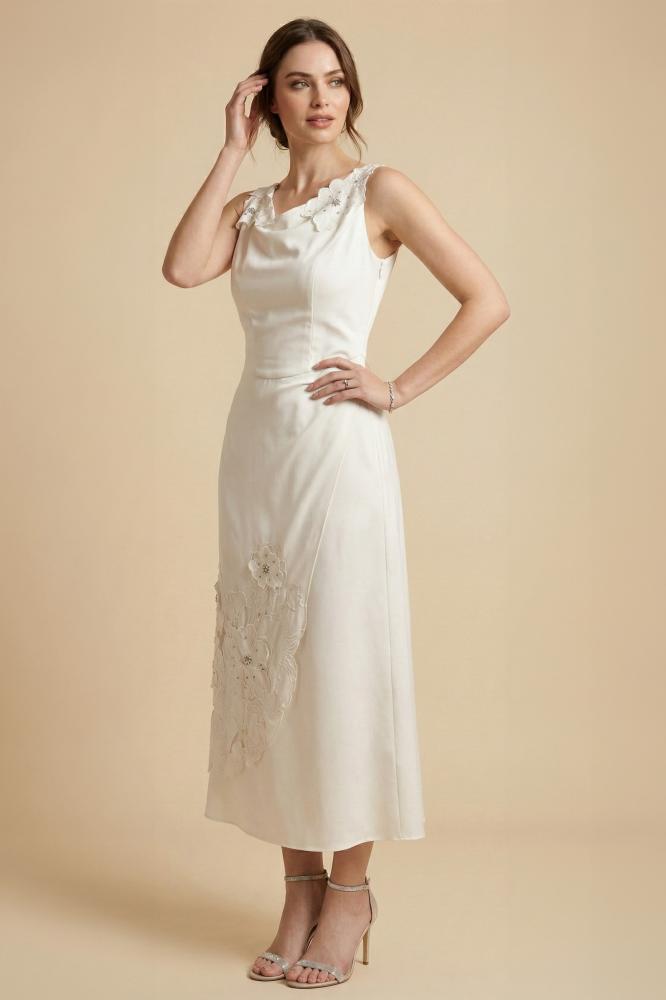 Light beige English embroidery midi dress المقاس:(M - 38)