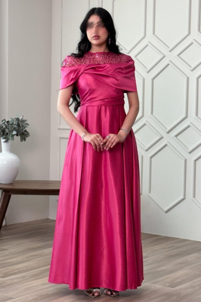 Fuchsia satin taffeta dress with collar sleeves المقاس:(L)
