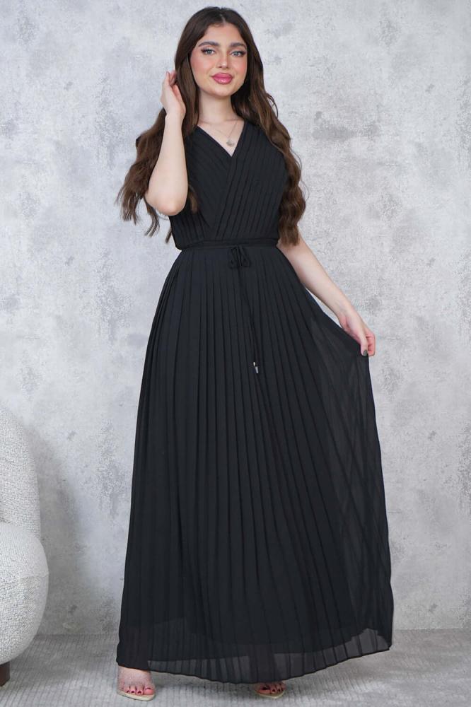 Black pleated long chiffon dress المقاس:(L - 40)