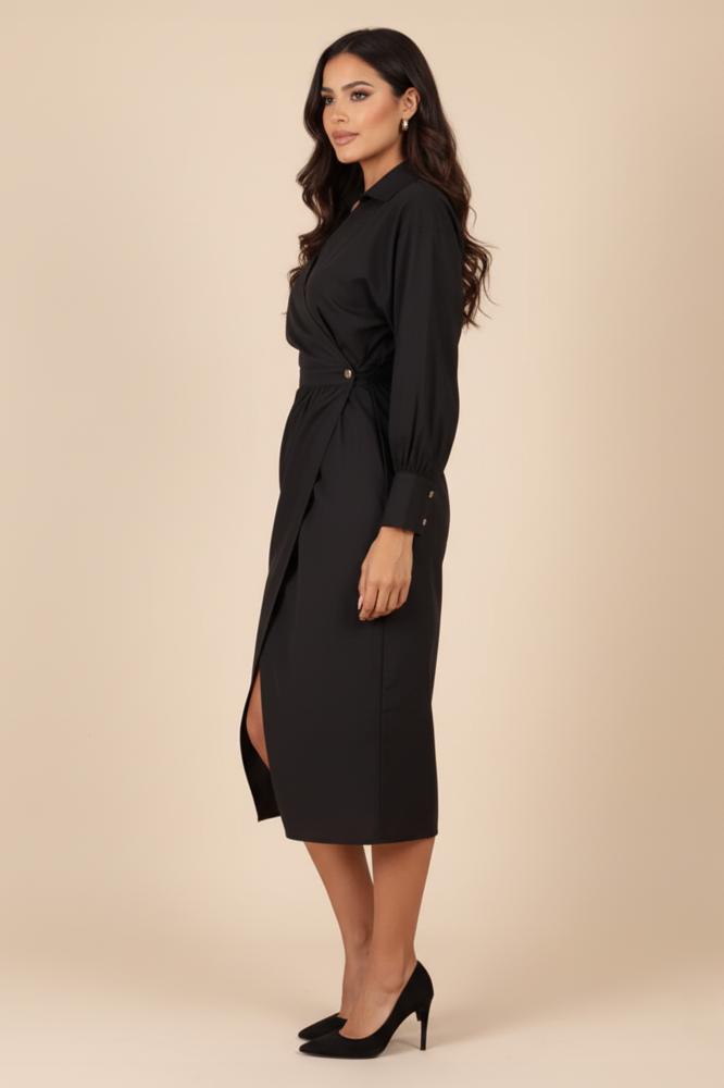Black midi wrap dress المقاس:(L)