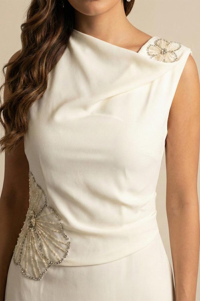 Beige Draped Sequin Maxi Dress المقاس:(L - 40)