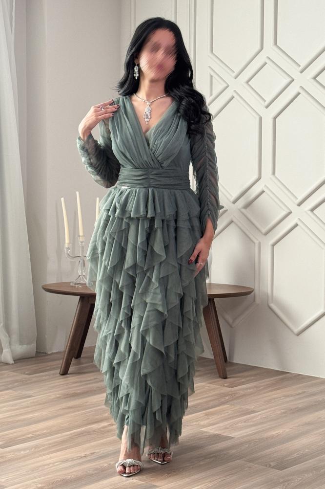 Long green draped layered dress المقاس:(L)