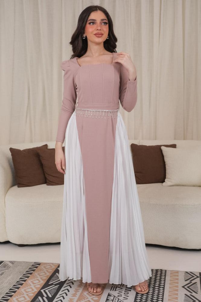 Beige pleated dress with a belt decorated with crystal tassels المقاس:(L - 40)