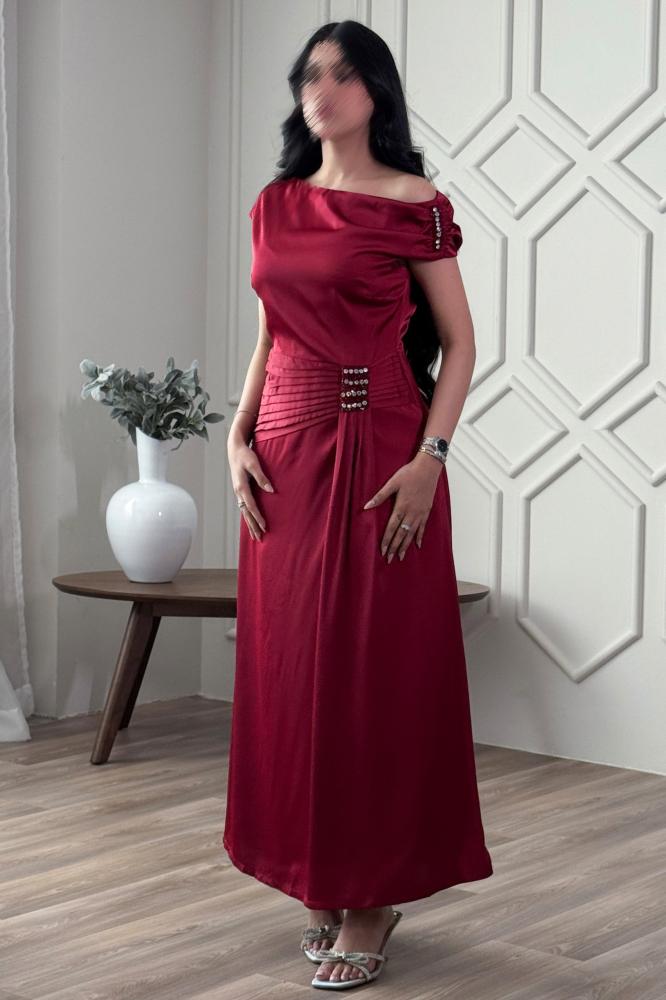 Burgundy one-shoulder draped dress المقاس:(S - 36)