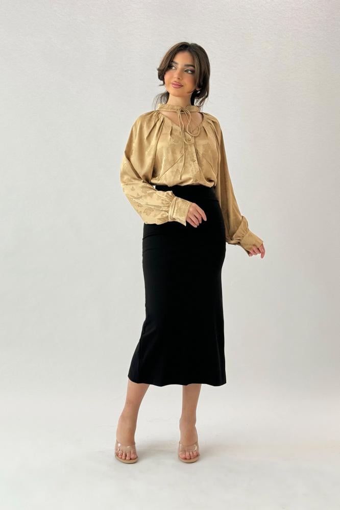 Beige Leaf Print Tie Neck Blouse المقاس:(M)