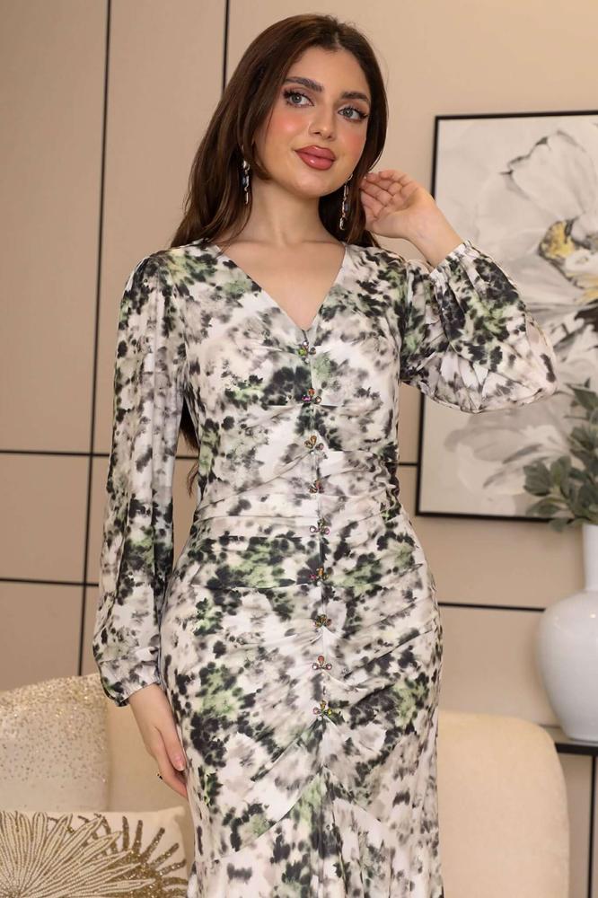 Long green draped dress with crystals المقاس:(L - 40)