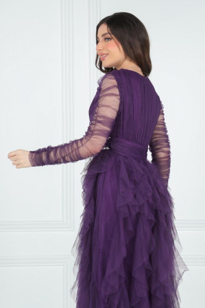 Purple evening dress with embroidered ruffles and waist المقاس:(L - 40)