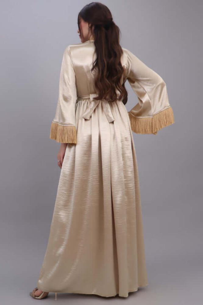 Embroidered dress design jalabiya decorated with gold fringe المقاس:(M)