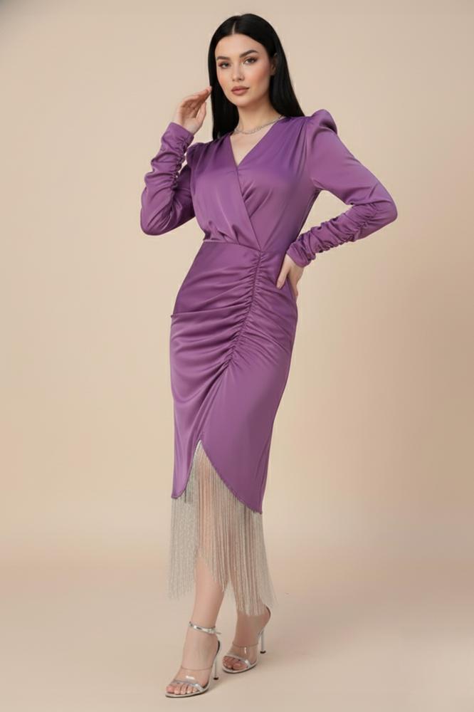 Purple Crystal Tassel Pleated Dress المقاس:(L)