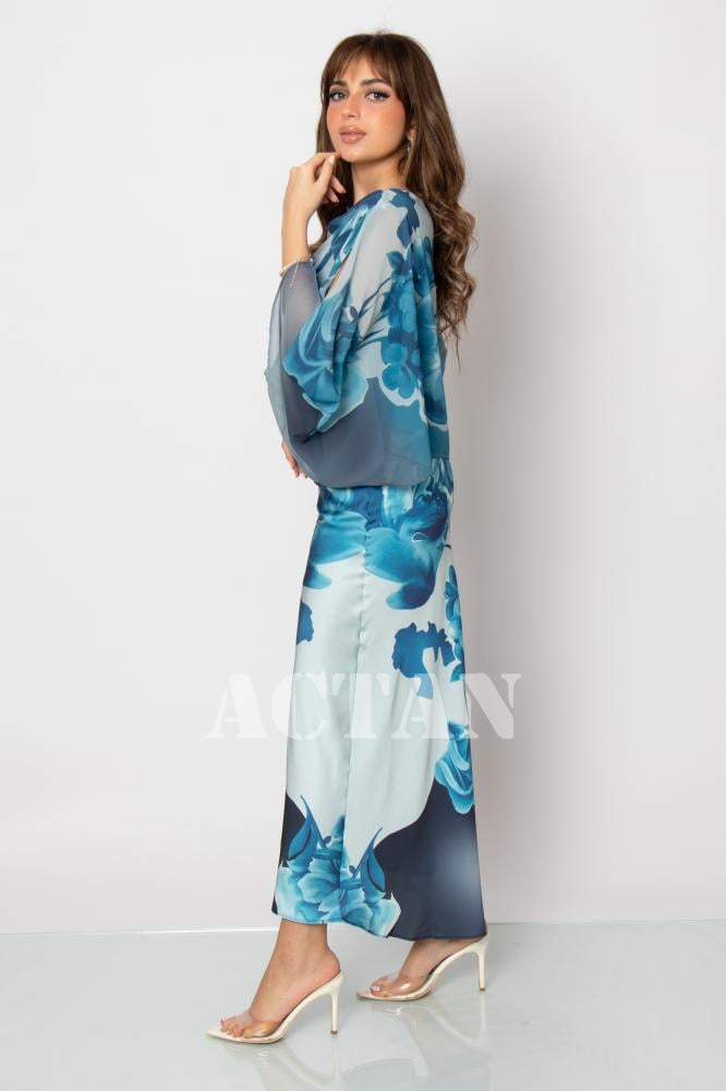 Floral Print Satin Two-Piece Dress المقاس:(M - 38)