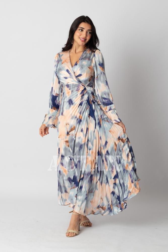 Colorful print pleated satin dress المقاس:(XL - 42)