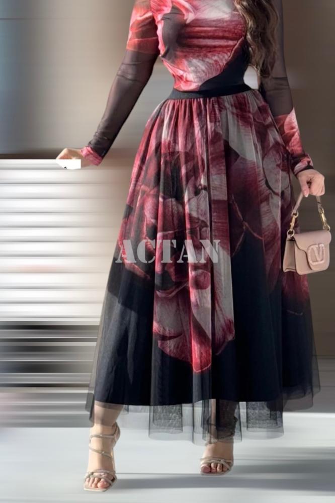 Red Floral Print Tulle Skirt and Blouse Set المقاس:(M - 38)