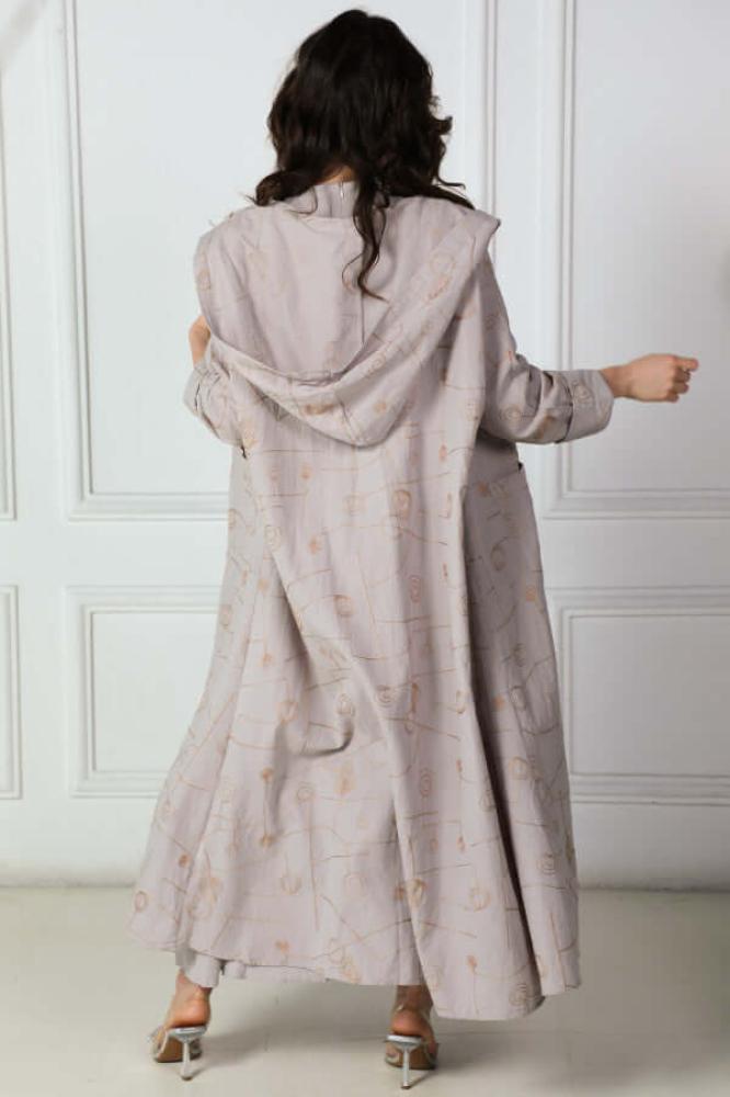 Beige hooded coat and waist dress set المقاس:(L)