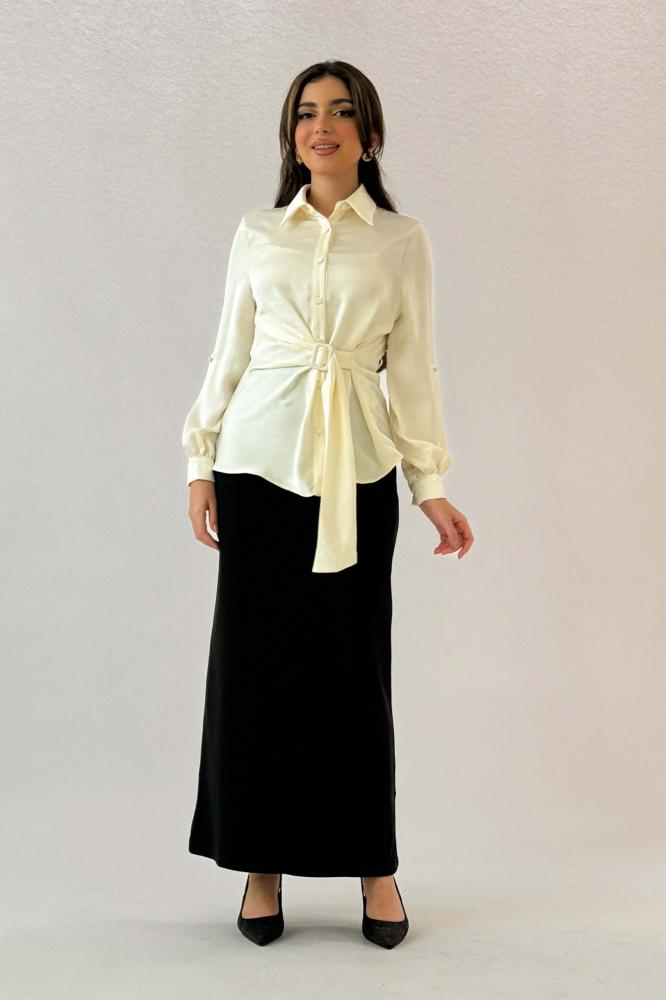 Light beige satin shirt with side belt المقاس:(M)