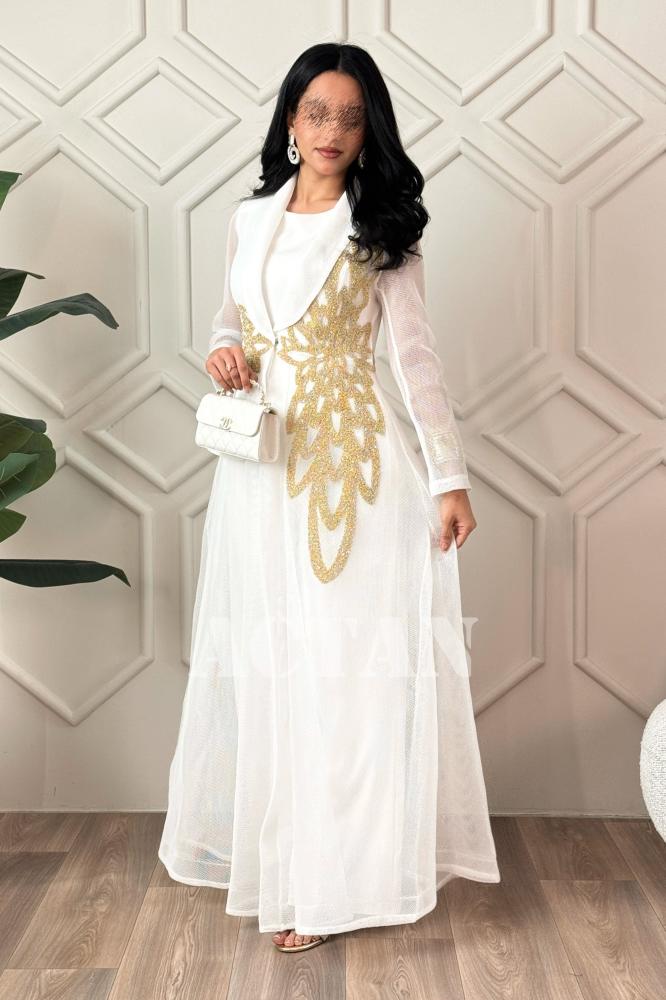White Beaded Mesh Cape Jumpsuit المقاس:(L - 40)