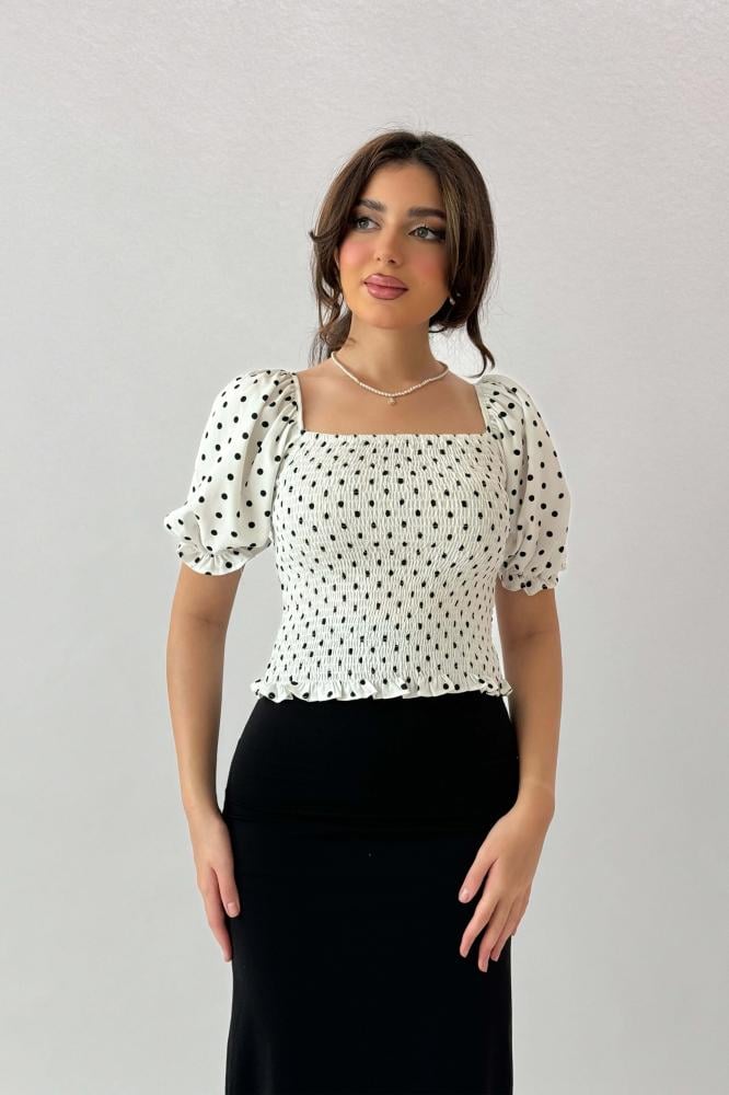Sugar-colored polka-dot print ruffle-effect blouse المقاس:(L)
