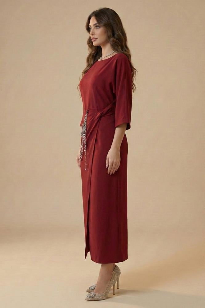 Long crystal-embellished burgundy dress المقاس:(M - 38)