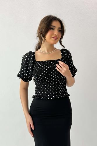Black polka dot print ruffle effect blouse المقاس:(XL)