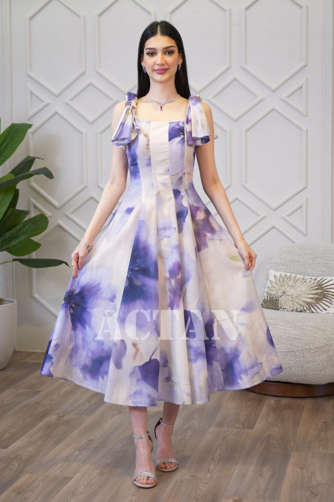 Purple Floral Print Bow Shoulder Dress المقاس:(L - 40)