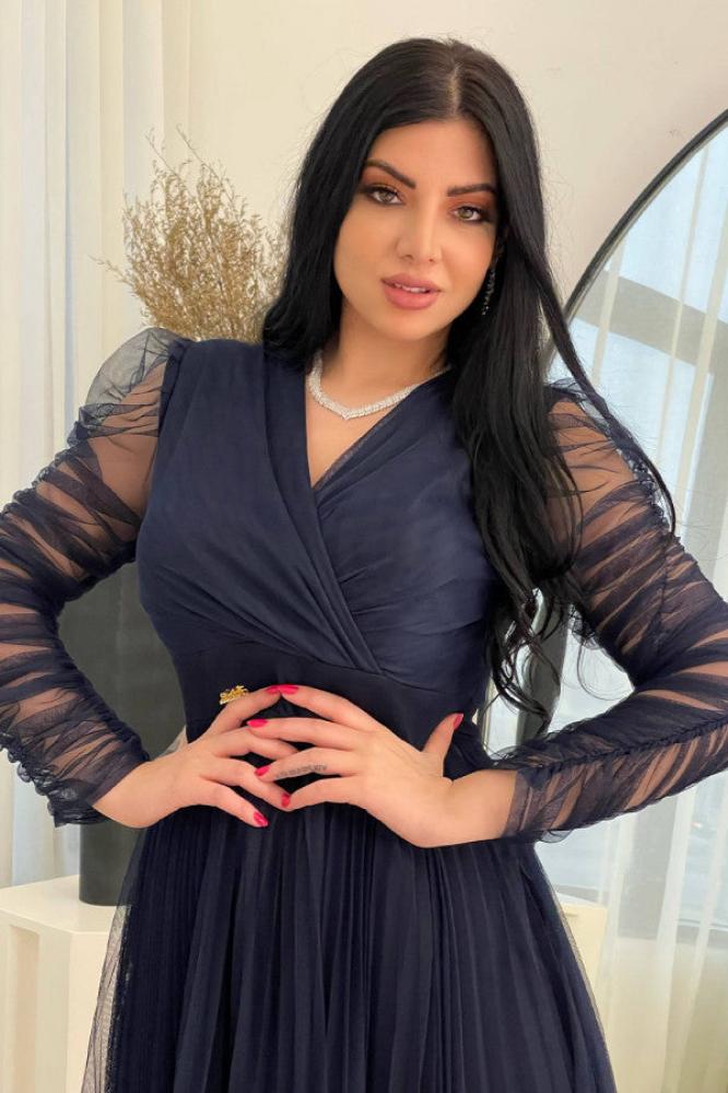 Evening dress with drape sleeves, navy blue المقاس:(M)