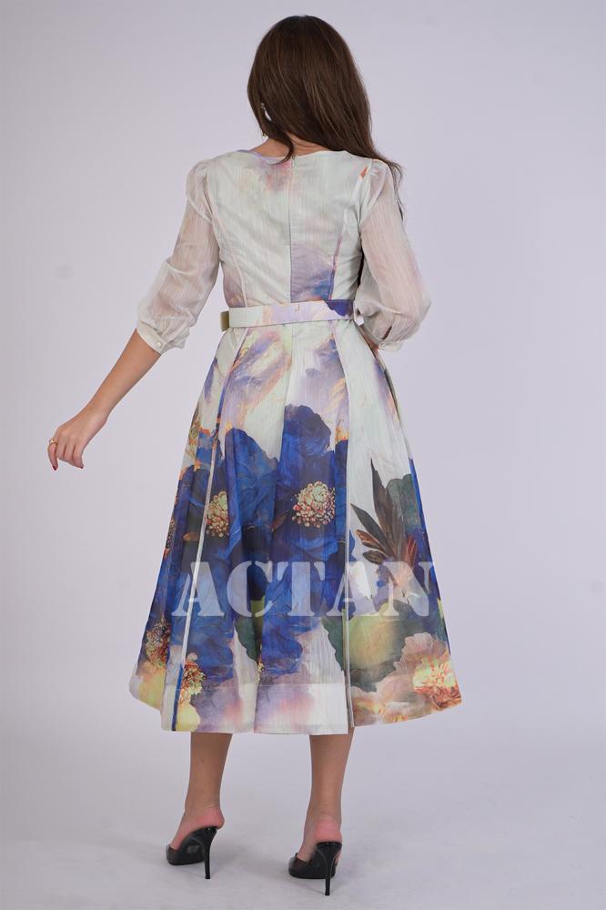 Elegant blue floral midi dress المقاس:(S - 36)