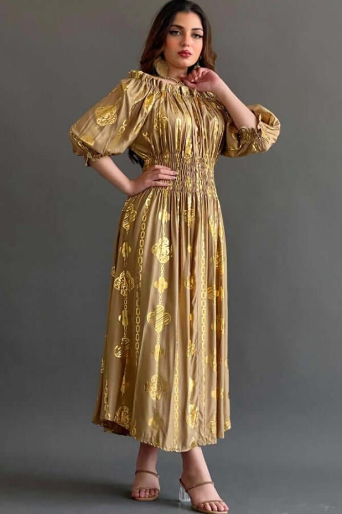 Zam galabiya with gold print, gold color المقاس:(F)