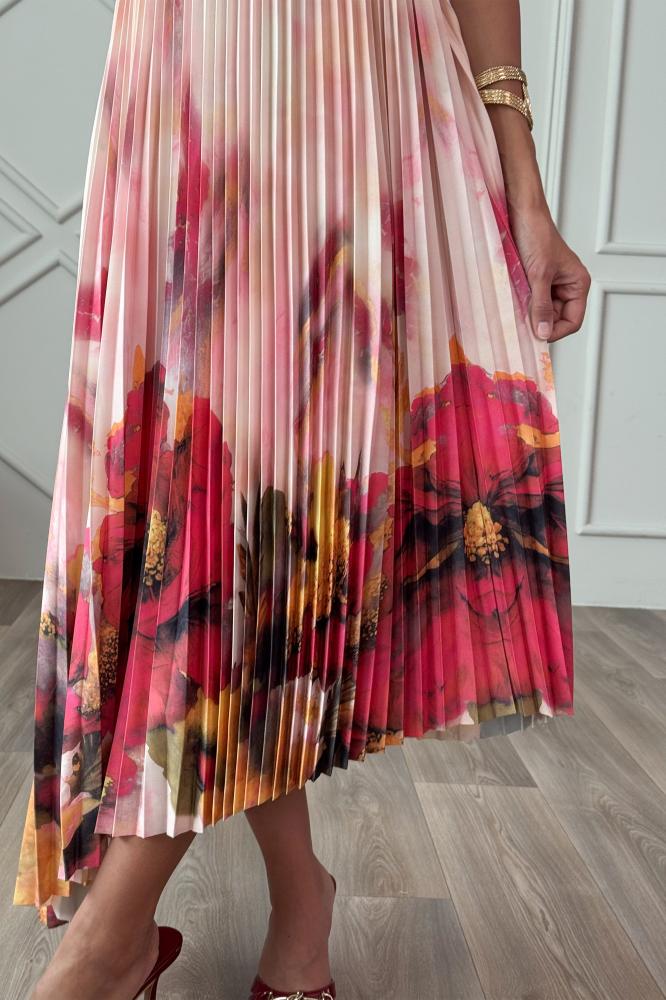 Fuchsia Floral Pleated Midi Dress المقاس:(M - 38)