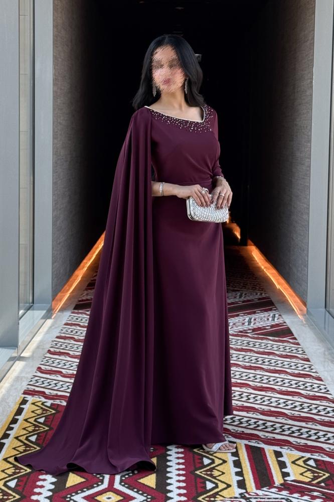 Burgundy Maxi Dress with Cape Scarf المقاس:(S - 36)
