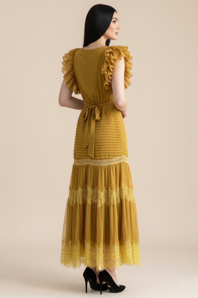 Cumin lace-embellished ruffle sleeve maxi dress المقاس:(L)
