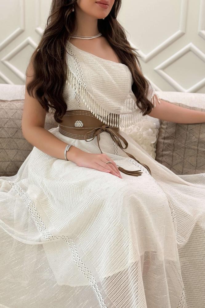 Beige One Shoulder Asymmetrical Dress المقاس:(M - 38)