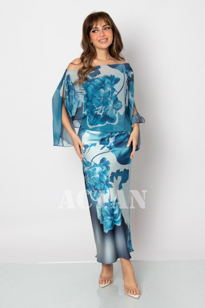 Floral Print Satin Two-Piece Dress المقاس:(M - 38)