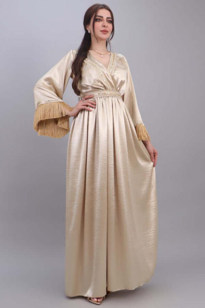 Embroidered dress design jalabiya decorated with gold fringe المقاس:(M)