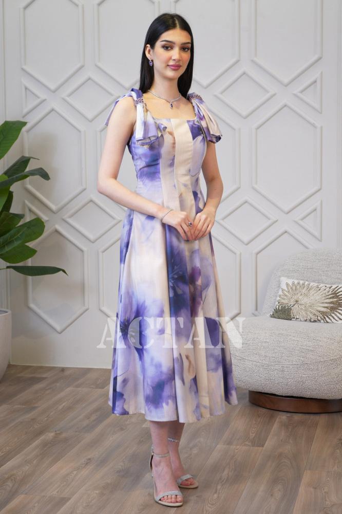 Purple Floral Print Bow Shoulder Dress المقاس:(L - 40)