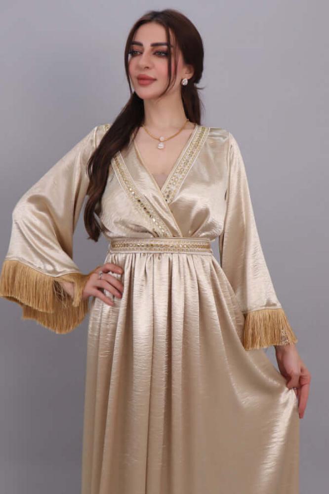Embroidered dress design jalabiya decorated with gold fringe المقاس:(M)