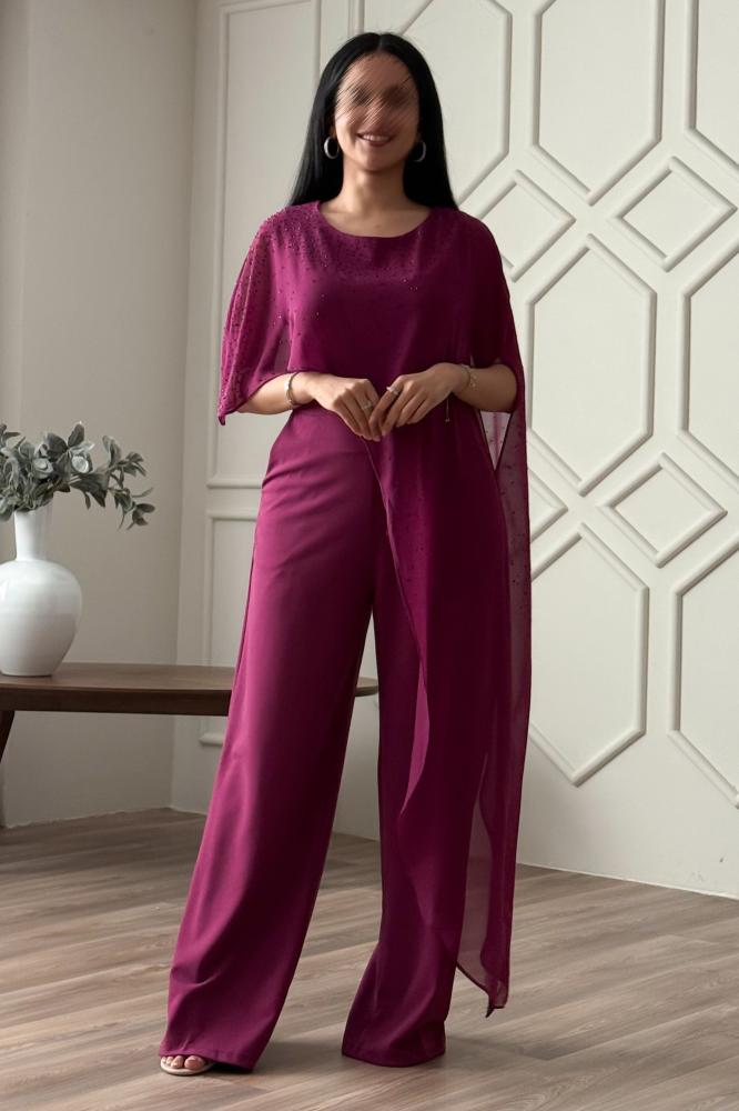 Fuchsia sequin jumpsuit with scarf المقاس:(L)
