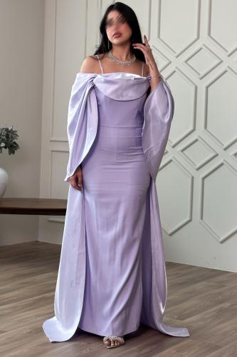 Off-shoulder dress with flowing sleeves in mauve المقاس:(M)
