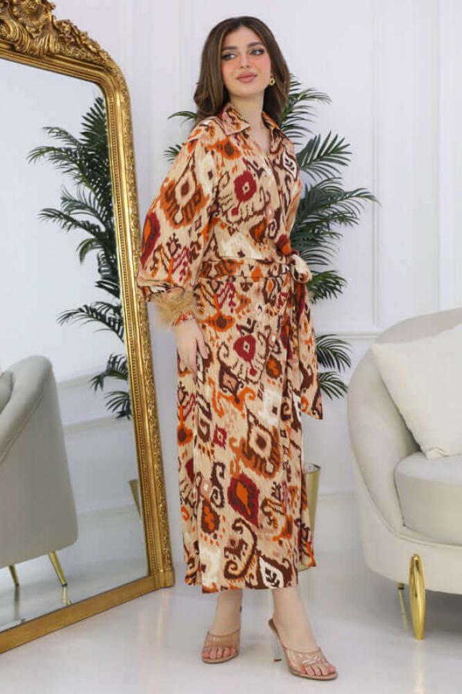 Brown feathered sleeve wrap dress المقاس:(L - 40)